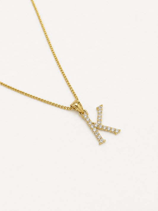 10K Gold Solid Franco Chain K Initial CZ Stone Pendant Set 1mm 16 18 20 22 Women