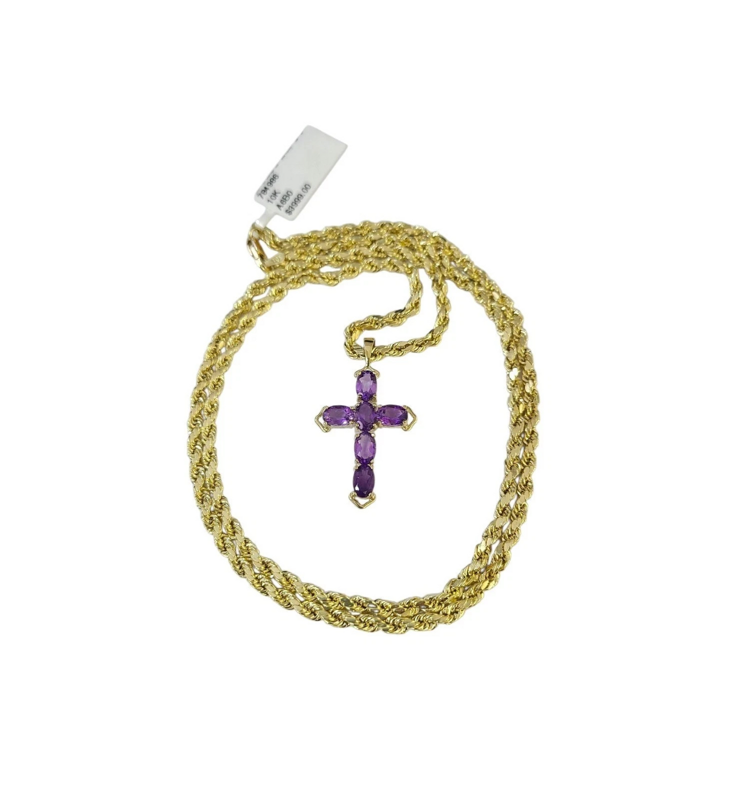 10K Yellow Gold 3mm Rope Chain Purple CZ Cross Pendant Necklace Set 18"-28"
