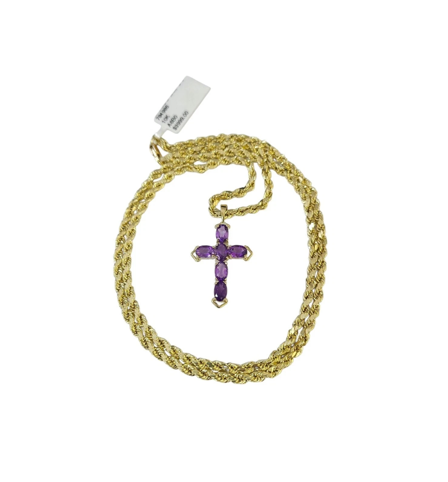 10K Yellow Gold 3mm Rope Chain Purple CZ Cross Pendant Necklace Set 18"-28"