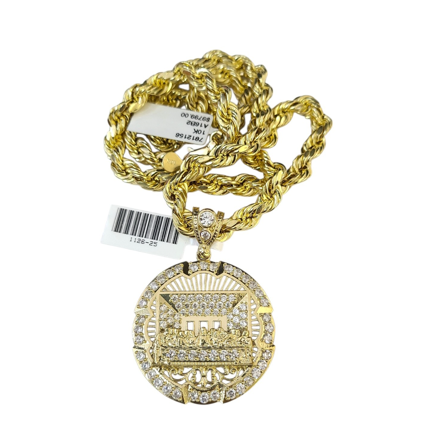 Real 10k Rope Chain Necklace Pendant Last Supper 7mm 20"-30" Set Gold Men