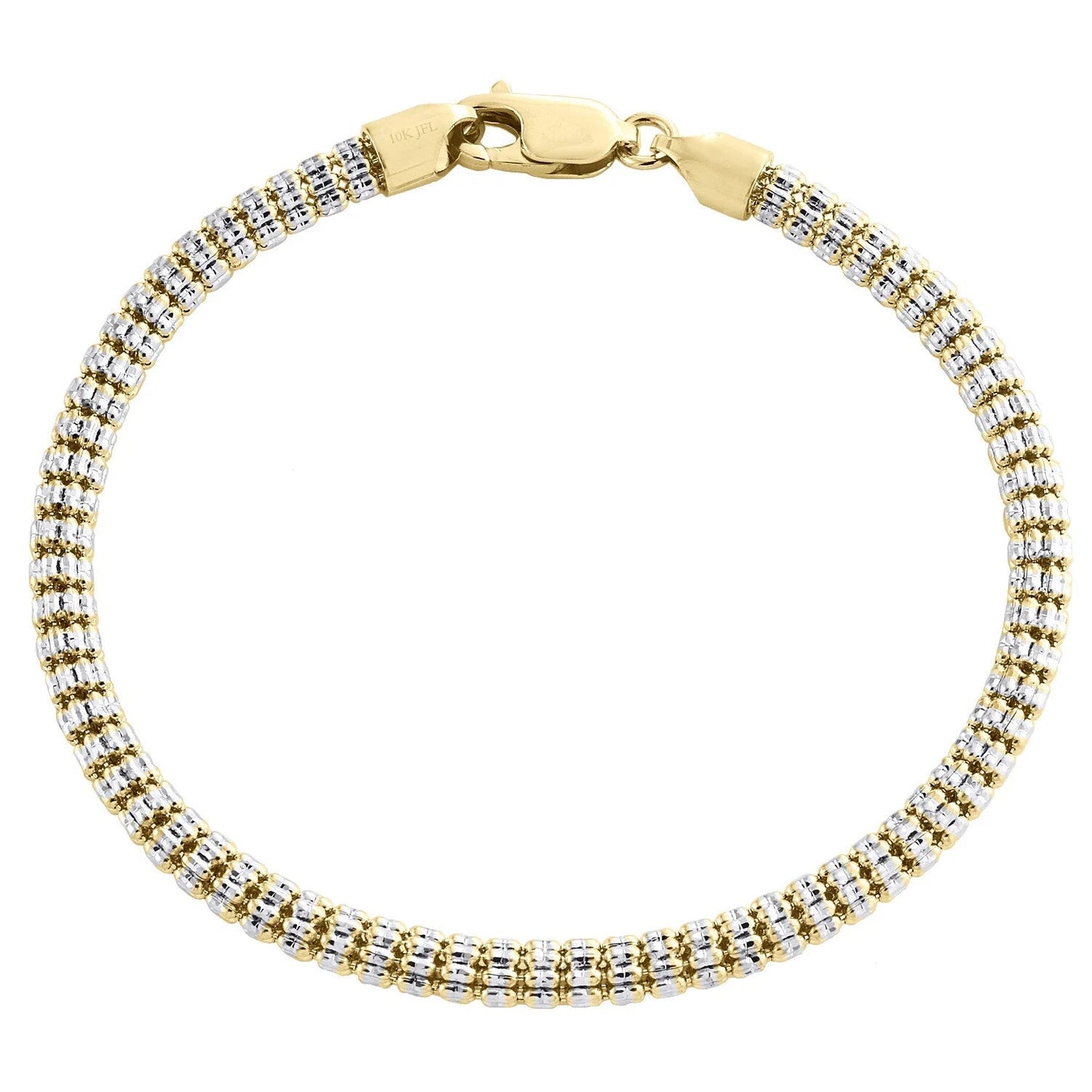 10K Yellow White Gold Two Tone 4mm Diamond Cut Ice Bead Link Bracelet 8 Inches