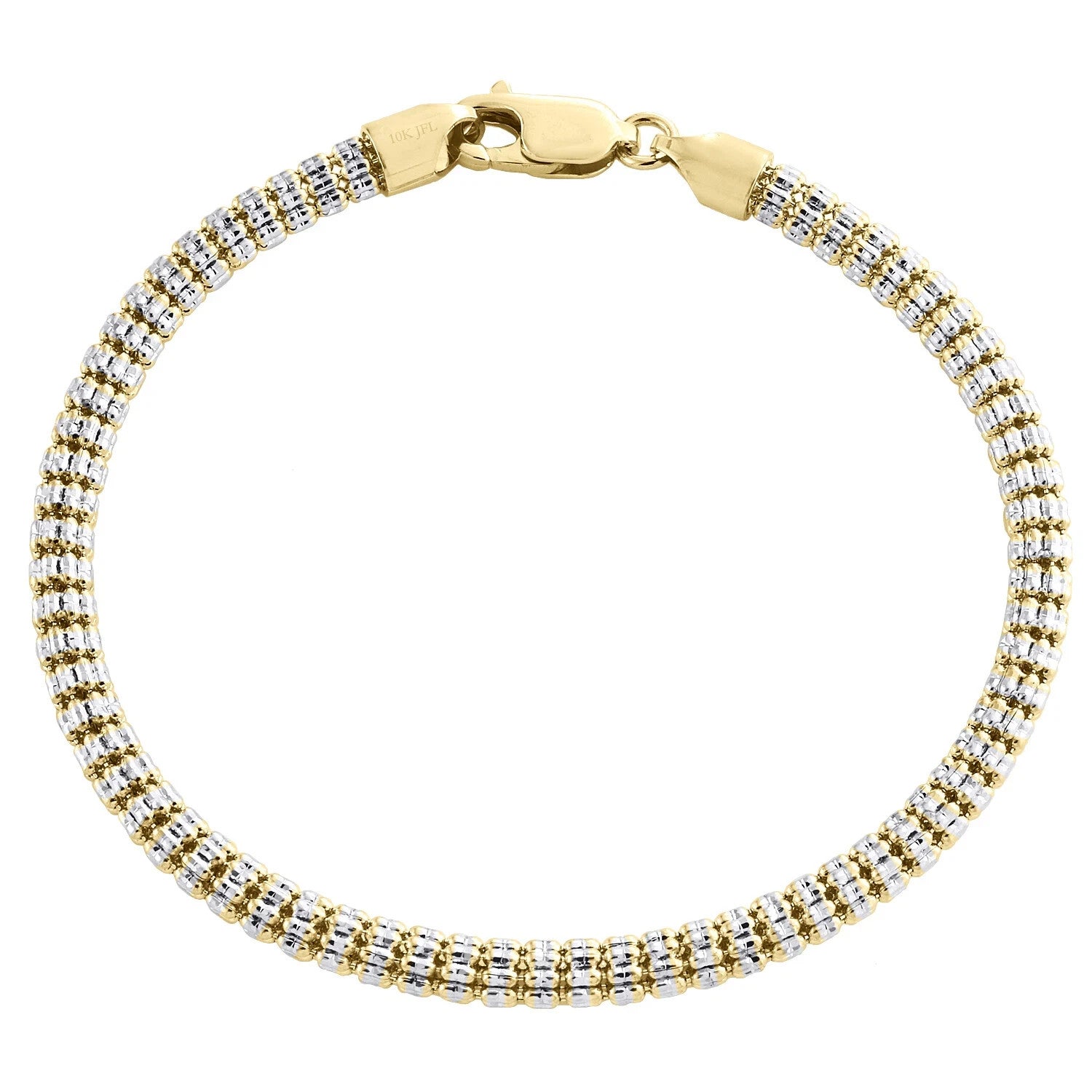 10K Yellow White Gold Two Tone 4mm Diamond Cut Ice Bead Link Bracelet 8 Inches