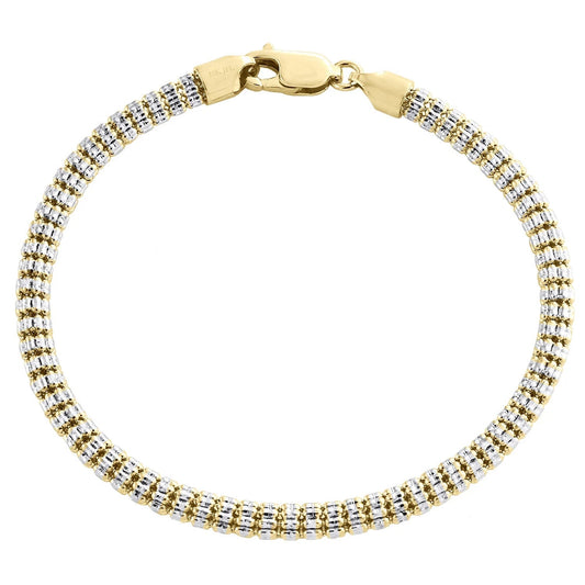 10K Yellow White Gold Two Tone 4mm Diamond Cut Ice Bead Link Bracelet 8 Inches