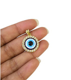 10K Yellow Gold Evil Eye Pendant Blue Nazar CZ Halo Round Charm Protection
