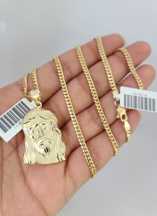 10k Gold Solid Miami Cuban Chain Necklace Jesus Head Pendant 2.5mm 18-24" Set