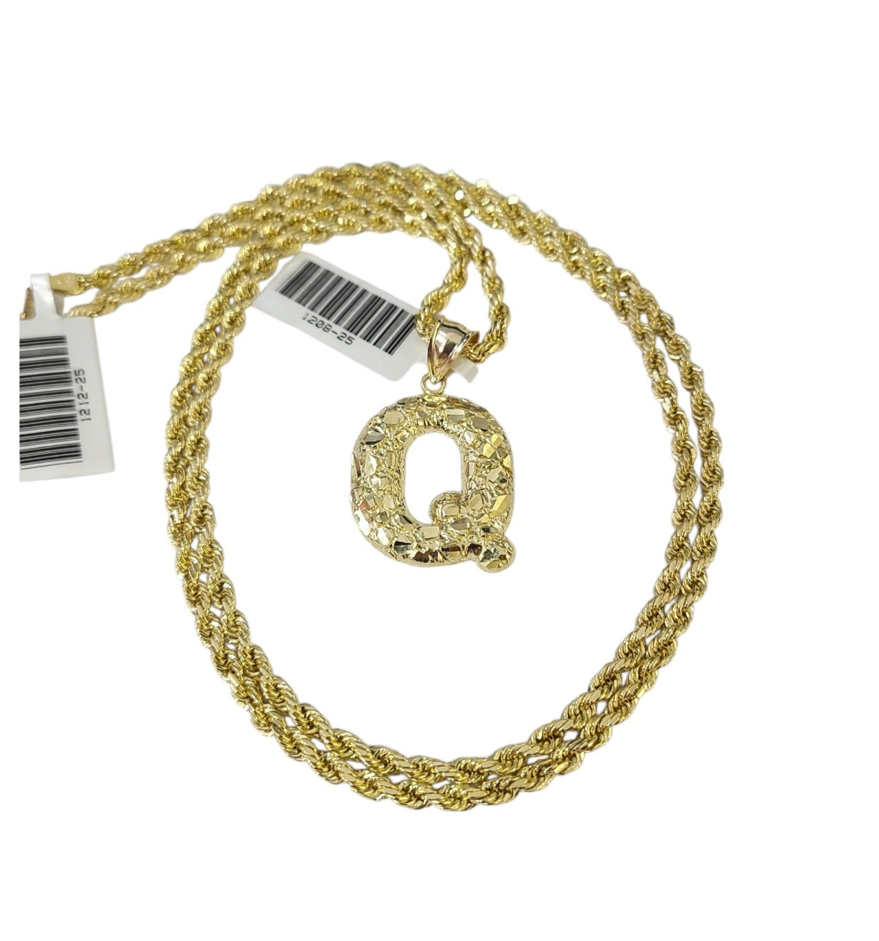 Real 10k Rope Chain Q Initial Charm 3mm 18"-28" Necklace Nugget Set Pendant Gold