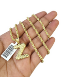 Real 10k Rope Chain 3mm 18"-28" Set Z Necklace Nugget Initial Charm Pendant Gold