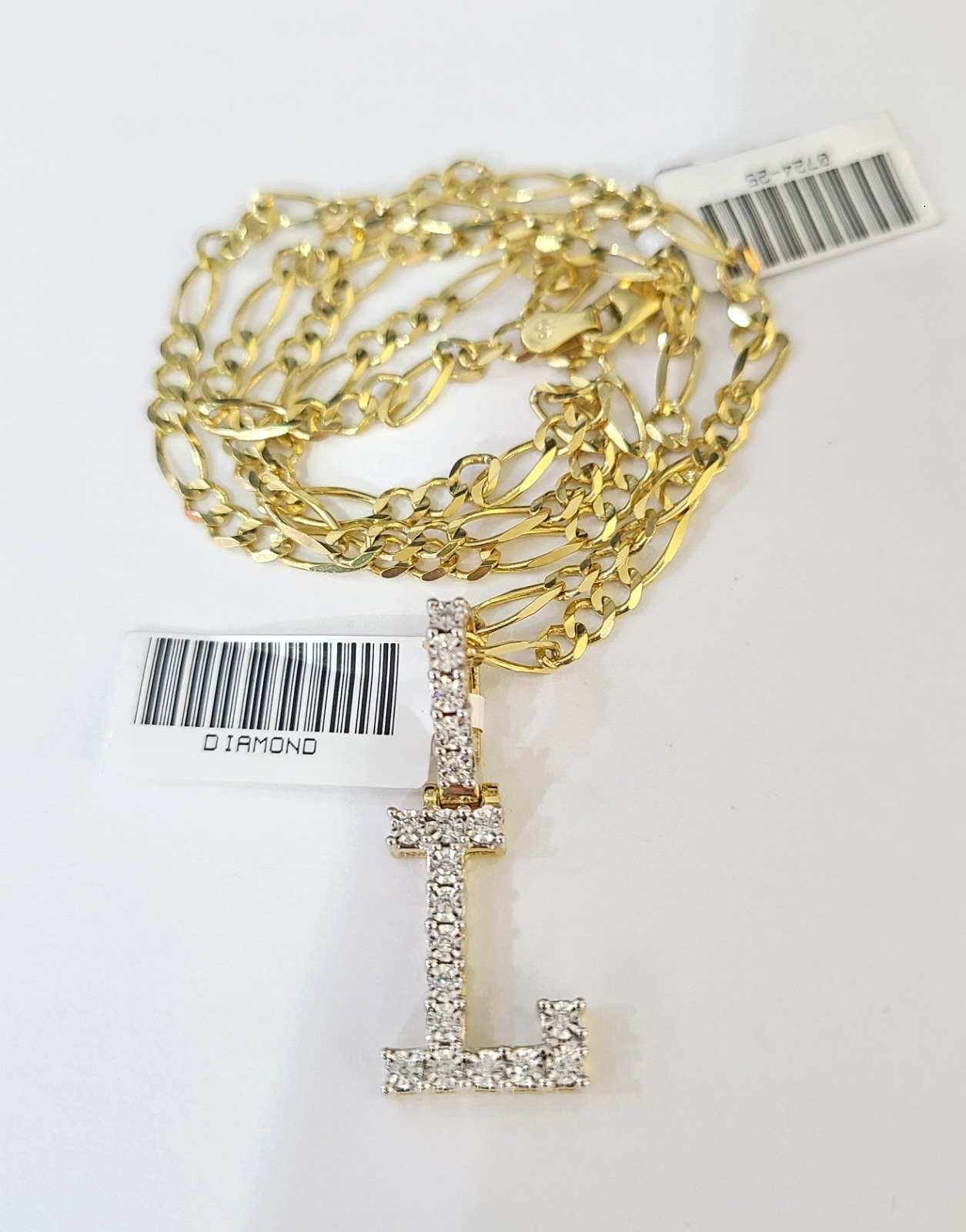 10k Gold Figaro Chain L Diamond Initial Pendant 3mm 20-28 inch SET Necklace