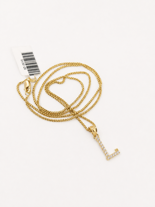10K Gold Solid Franco Chain L Initial CZ Stone Pendant Set 1mm 16 18 20 22 Women