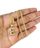 10k Gold Cuban Curb Chain Necklace E Initial Alphabet Pendant Charm 3mm Necklace