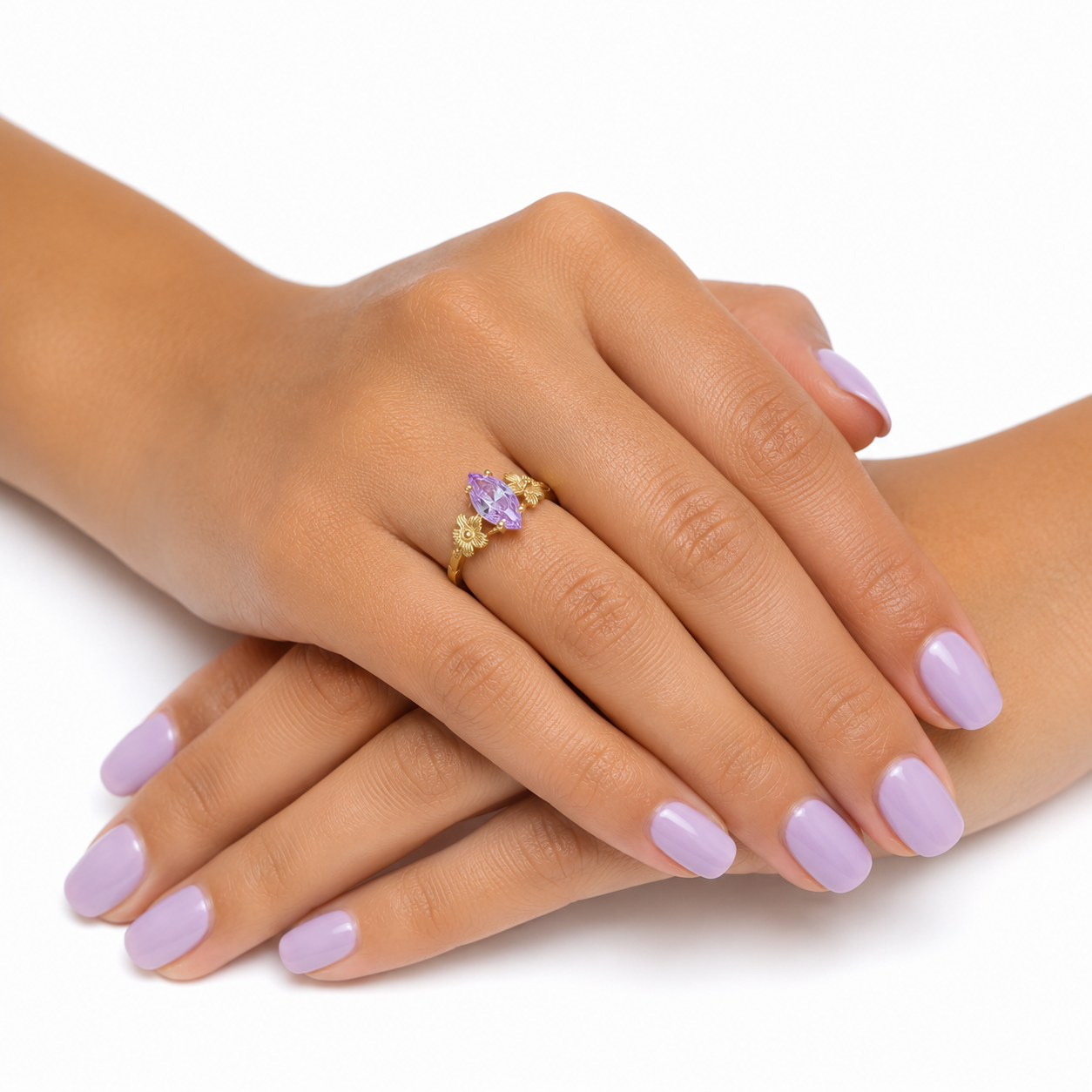 Real 10K Gold Ladies Floral Ring Marquise Cubic Zirconia Stone Ladies Statement