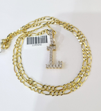 10k Gold Figaro Chain L Diamond Initial Pendant 3mm 20-28 inch SET Necklace