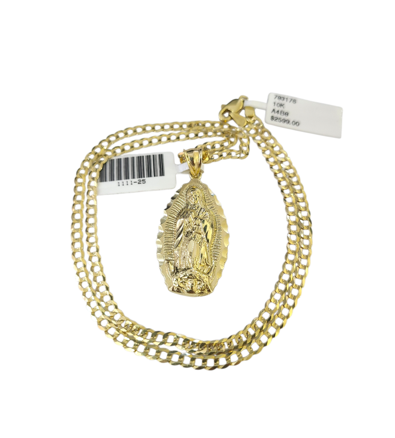 10k Gold Chain Cuban Curb 3mm Necklace Virgin Mary Charm Pendant Set 18"-28"