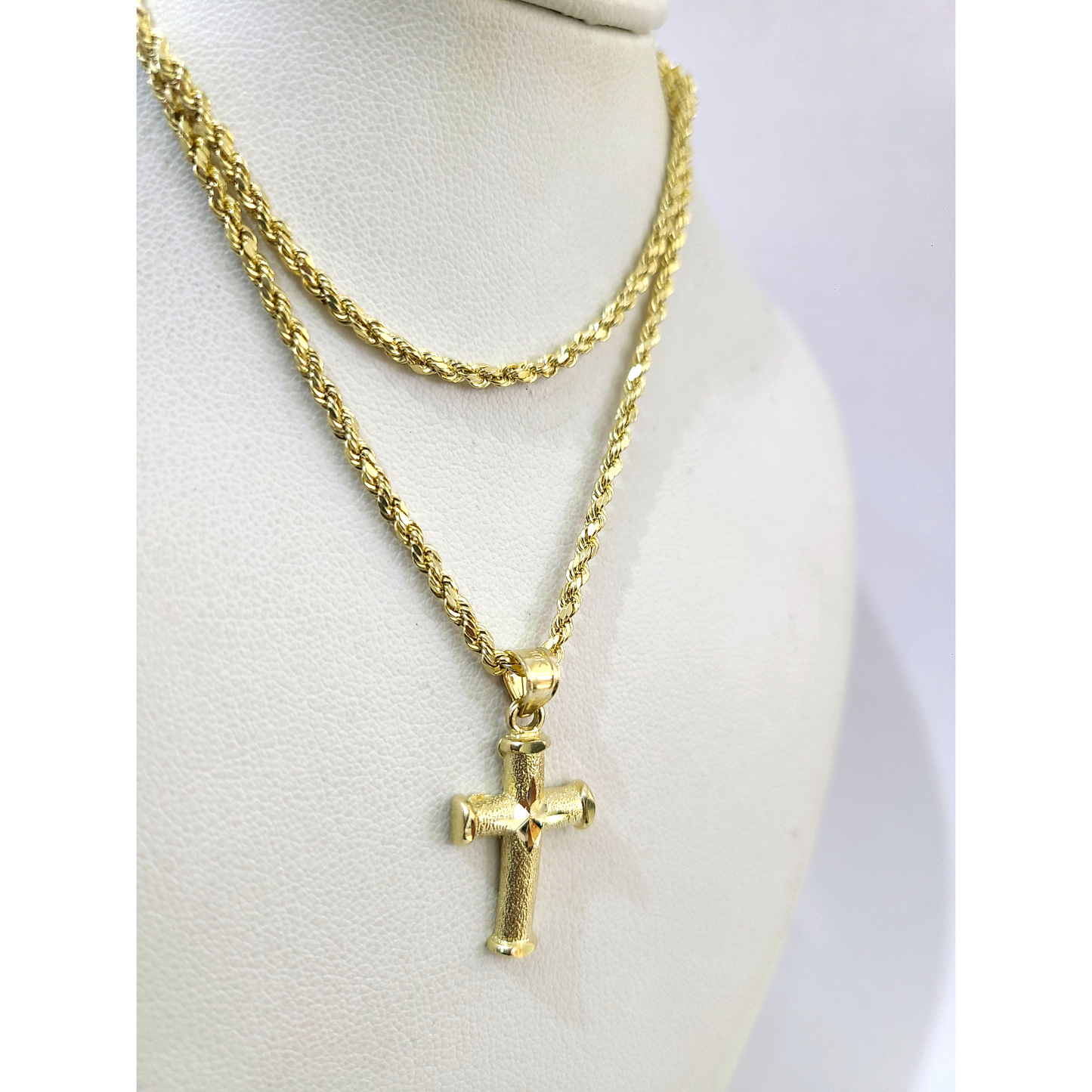 Real Gold 10k Rope Chain Cross Charm Necklace Pendant Set 2mm 16"-26" Gold