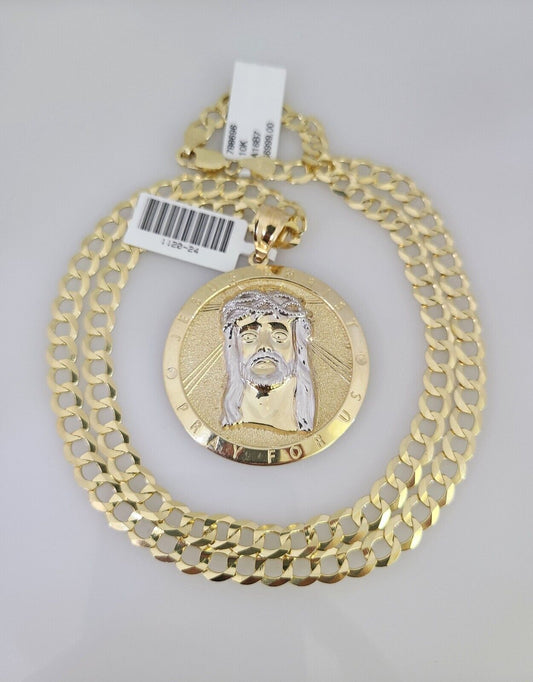10k Gold Solid Cuban Curb Chain Necklace Jesus Christ Pendant Set 6mm 20"-30"