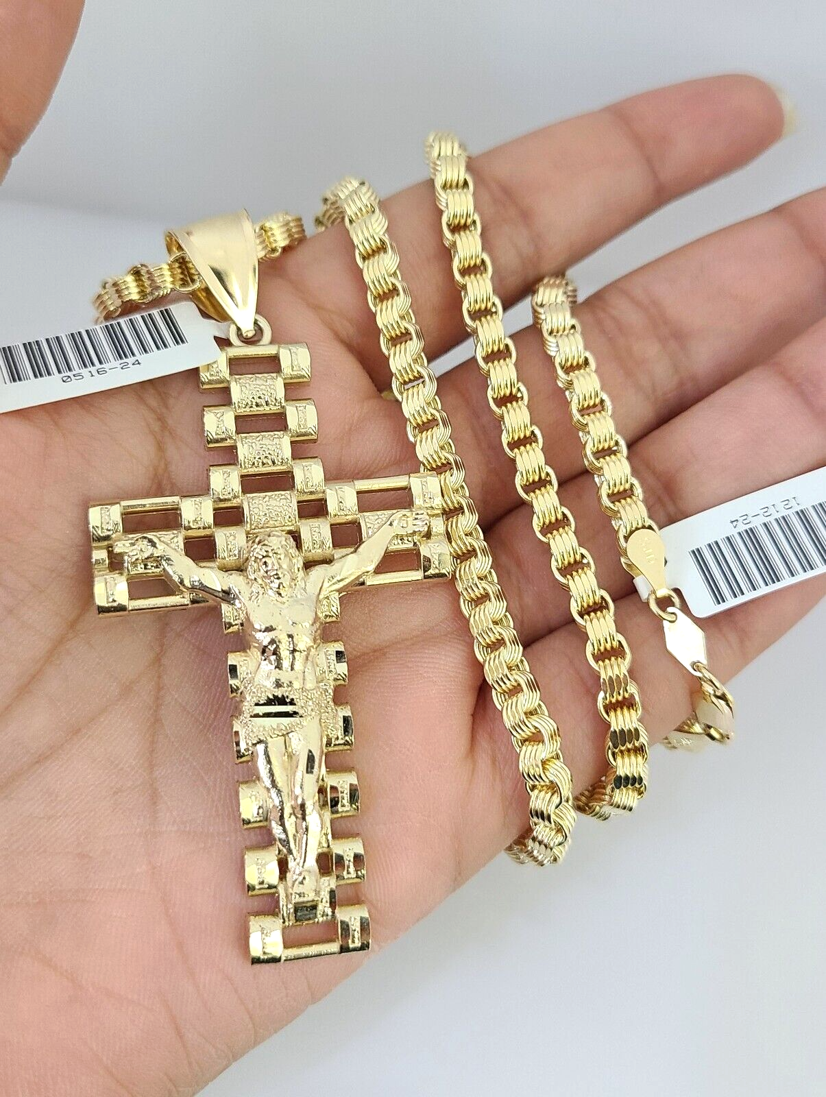 Real 10k Gold Byzantine Necklace Jesus Cross Charm SET Chain 20"-30" 4mm