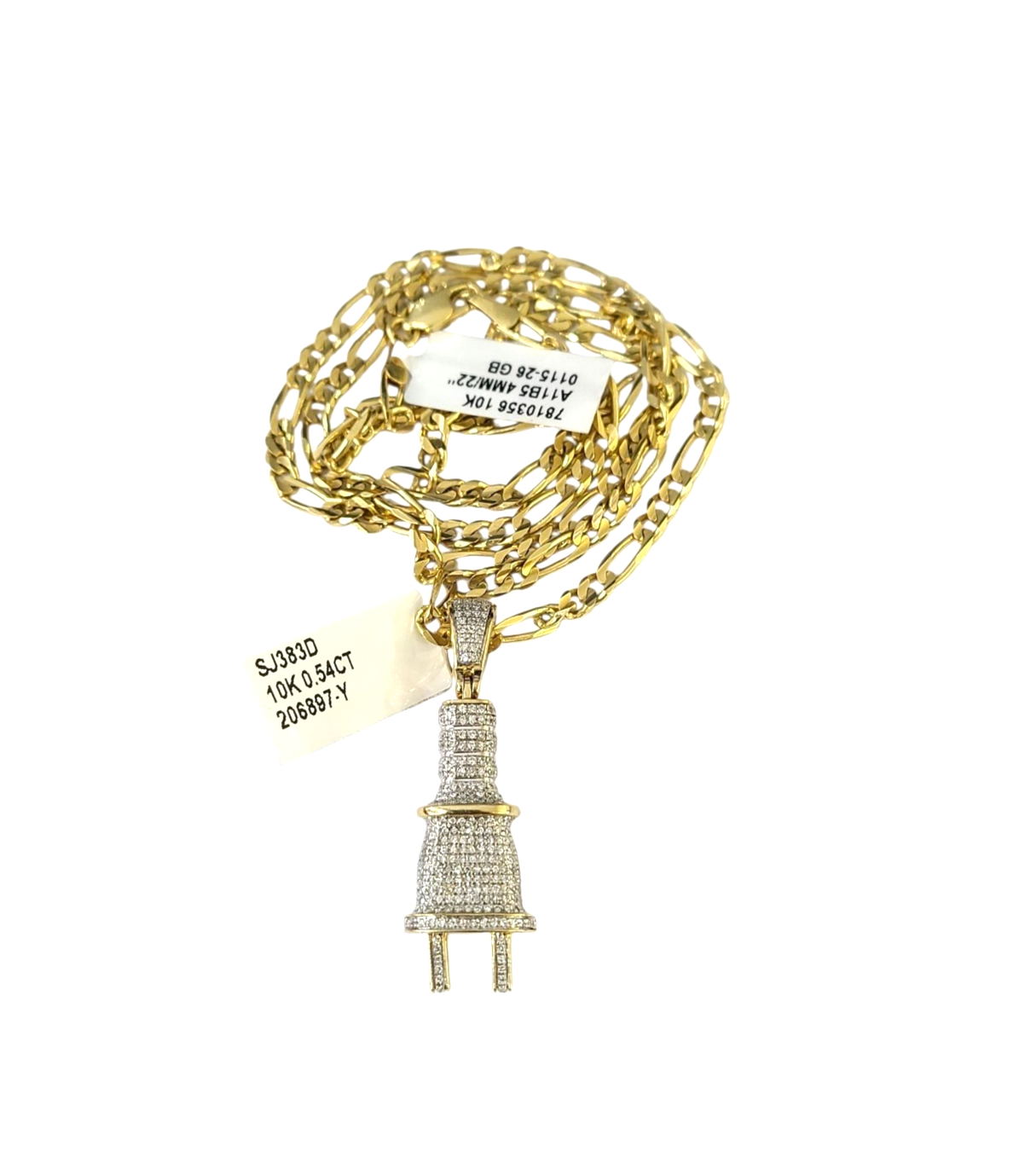 10k Solid Figaro Chain Plug Diamond Charm Necklace SET 4mm 22" Pendant