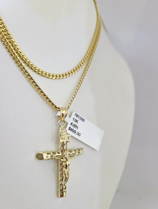 10k Gold Solid Miami Cuban Necklace INRI Cross Pendant 2.5mm 18-24" Chain Set