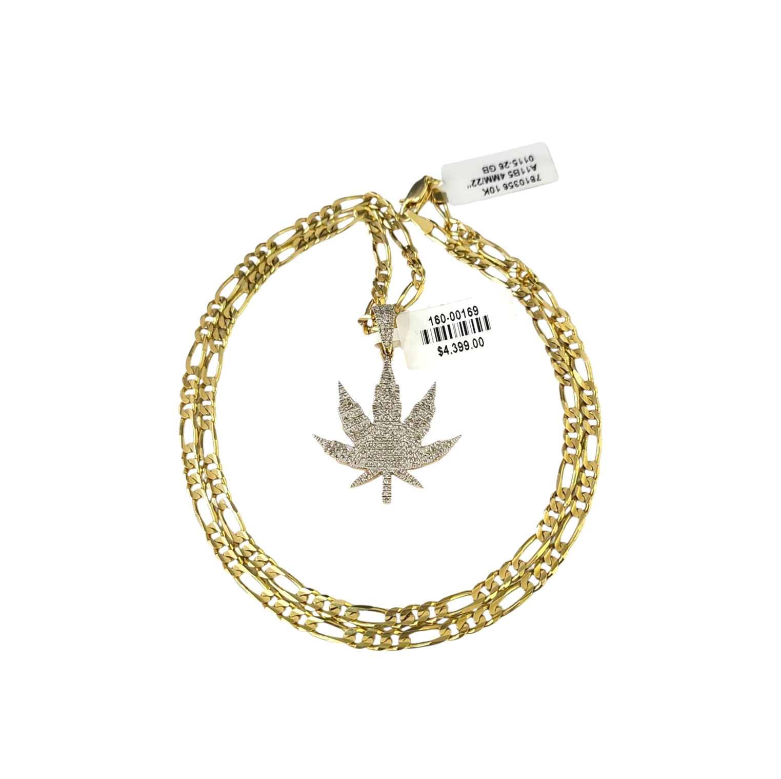 Real 10k Solid Figaro Chain Leaf Diamond Charm Necklace SET 4mm 22" Pendant