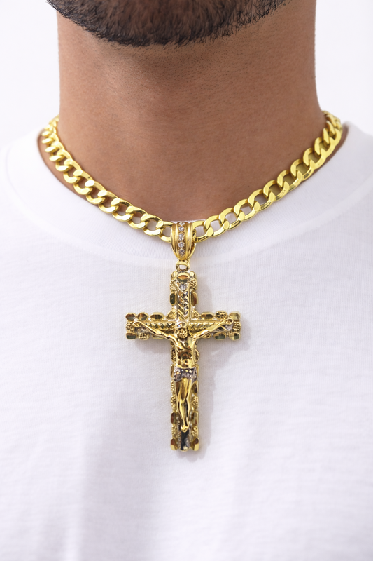 10k Yellow Gold Cuban Curb Chain Nugget Cross Pendant Charm 8mm Necklace Men