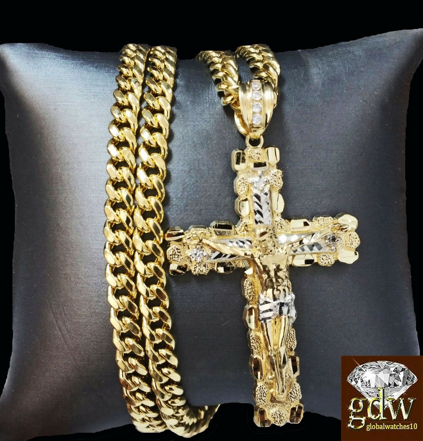 Yellow Jesus Chain Real 10k Yellow Gold Jesus Cross Pendant &10k 22 Inch Cuban Chain Box ...