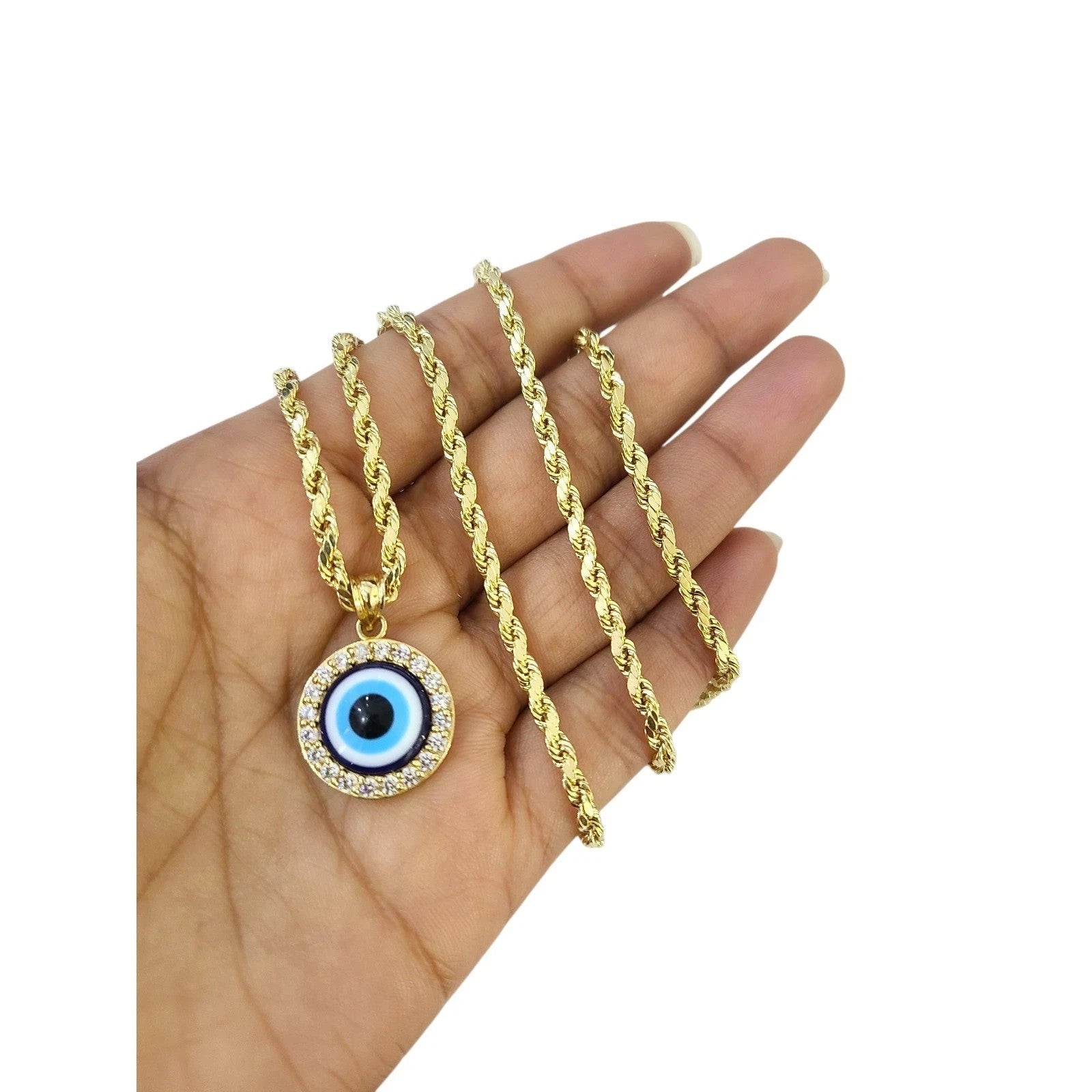 Real 10K Gold Rope Chain 3mm Evil Eye Charm Pendant Set Mens Womens 18"-28"