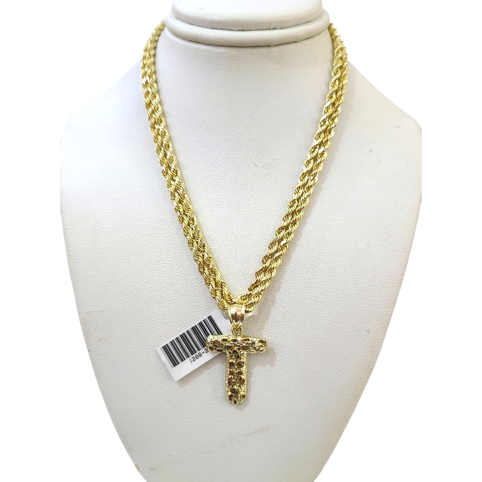 Real 10k Rope Chain Necklace T Nugget Initial Charm 3mm 18"-28" Set Pendant Gold