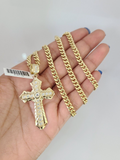 10kt Gold Miami Cuban Chain Jesus Cross Charm Pendant 5mm 18-28Inch Necklace