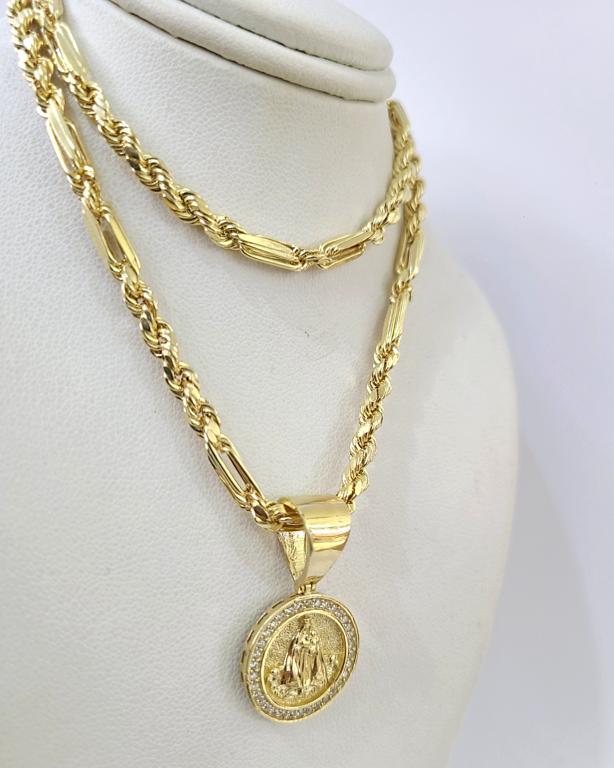 10k Gold Milano Rope Chain Virgin Mary Charm Necklace SET 4mm 18"-28" Pendant