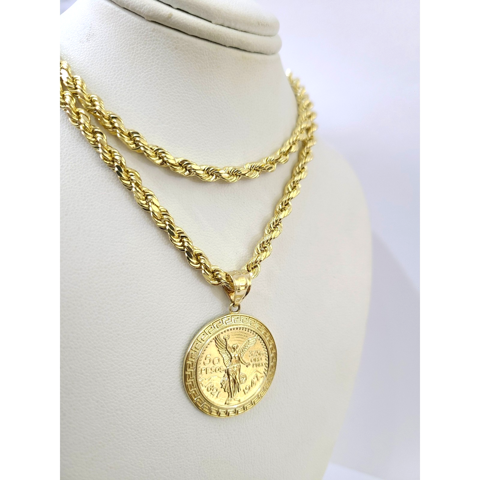 Real 10k Rope Chain Centenario 50 Pesos Charm Necklace SET 4mm 18"-24" Pendant