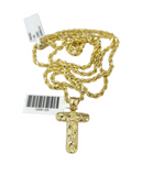 Real 10k Rope Chain Necklace T Nugget Initial Charm 3mm 18"-28" Set Pendant Gold