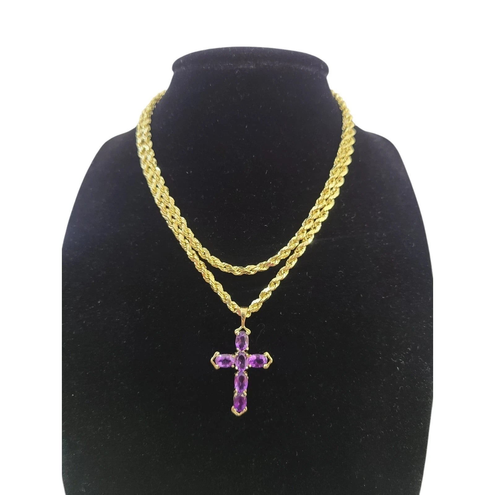 10K Yellow Gold 3mm Rope Chain Purple CZ Cross Pendant Necklace Set 18"-28"