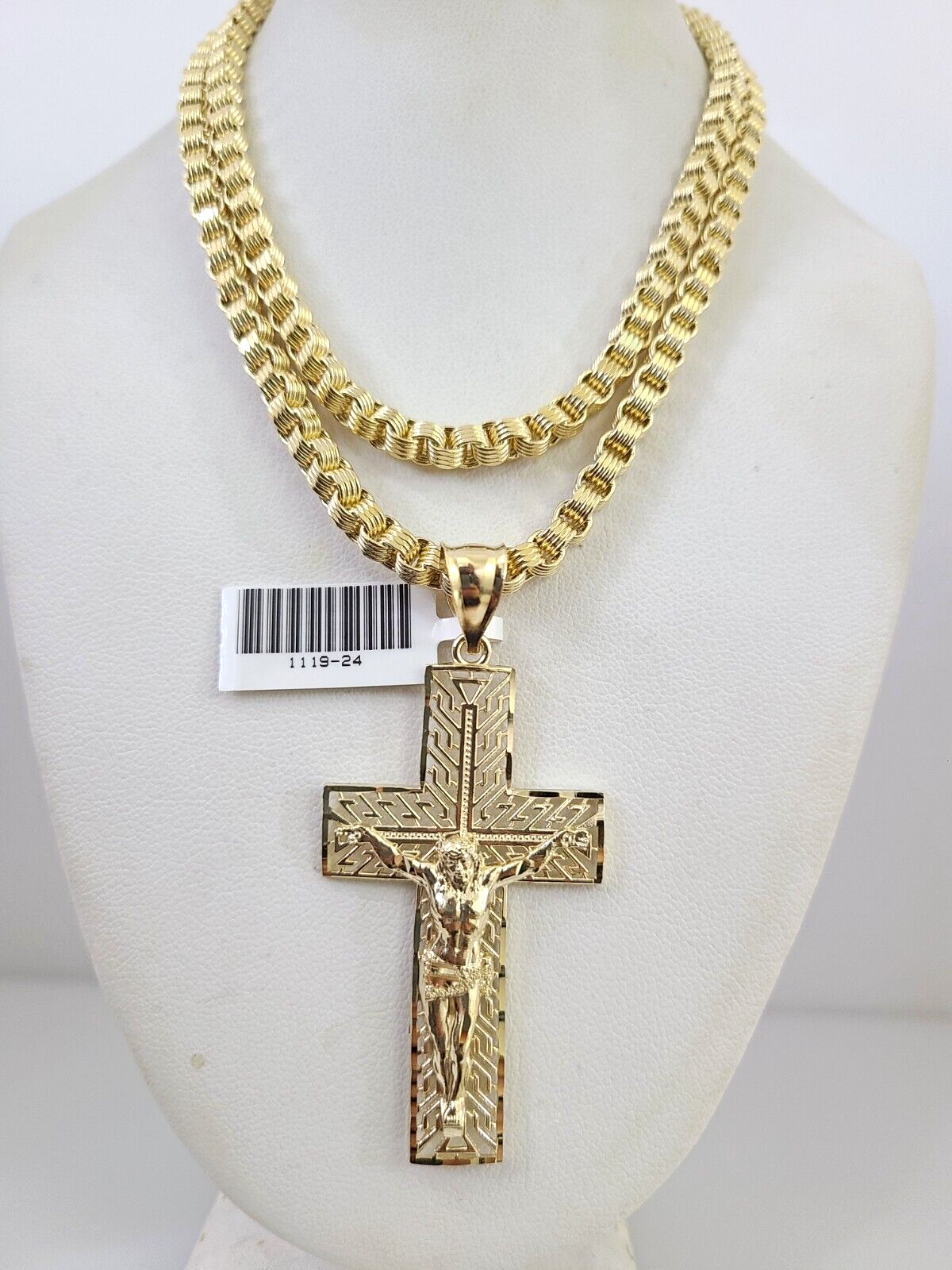 Real 10k Gold Byzantine Necklace Jesus Cross Charm SET Chain 20"-30" 4mm