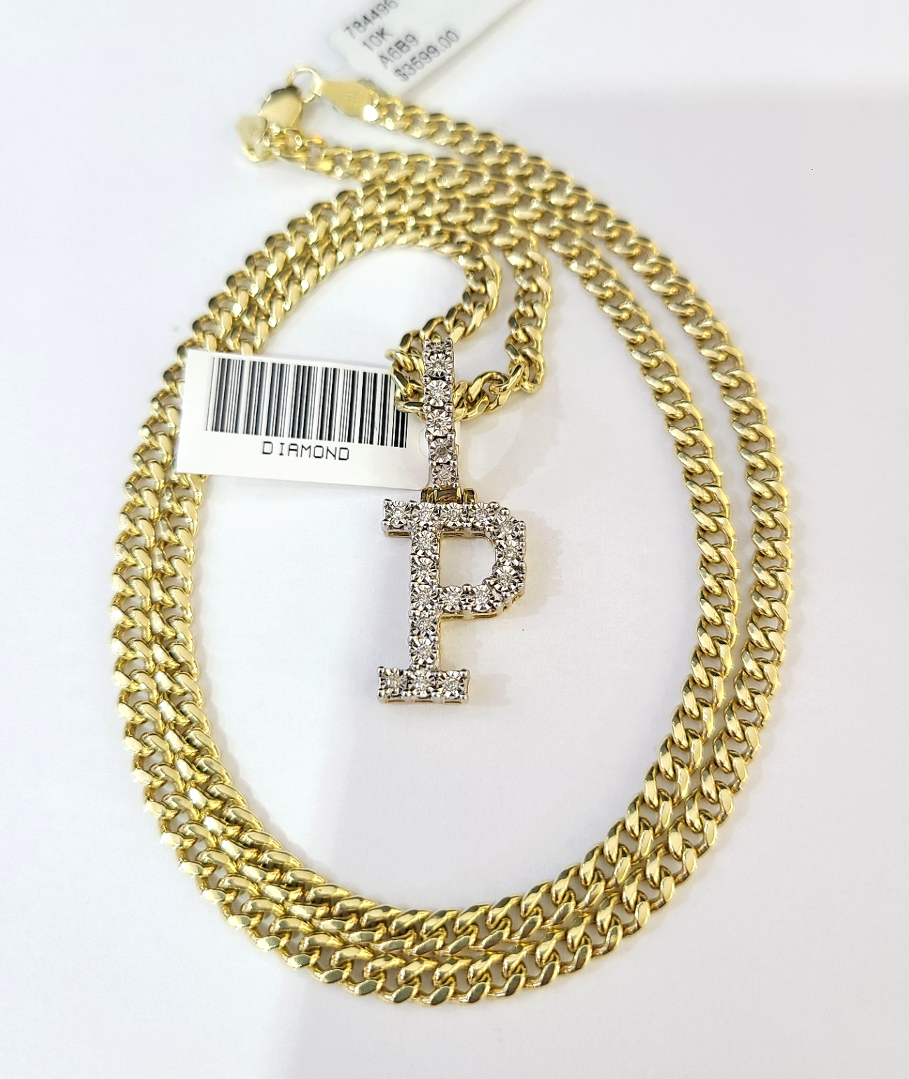 10K Gold Miami Cuban Chain P Diamond Initial 20"-28" 3mm Pendant Necklace SET