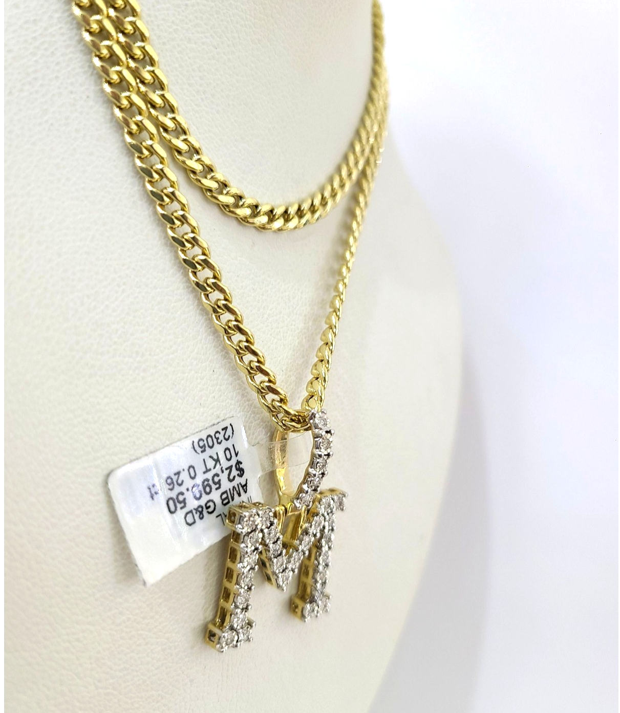 10K Gold Miami Cuban Chain M Diamond Initial 20"-28" 3mm Pendant Necklace SET