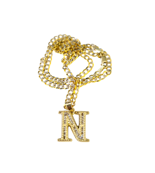 10k Gold Cuban Curb Chain Necklace N Initial Alphabet Pendant Charm 3mm Necklace