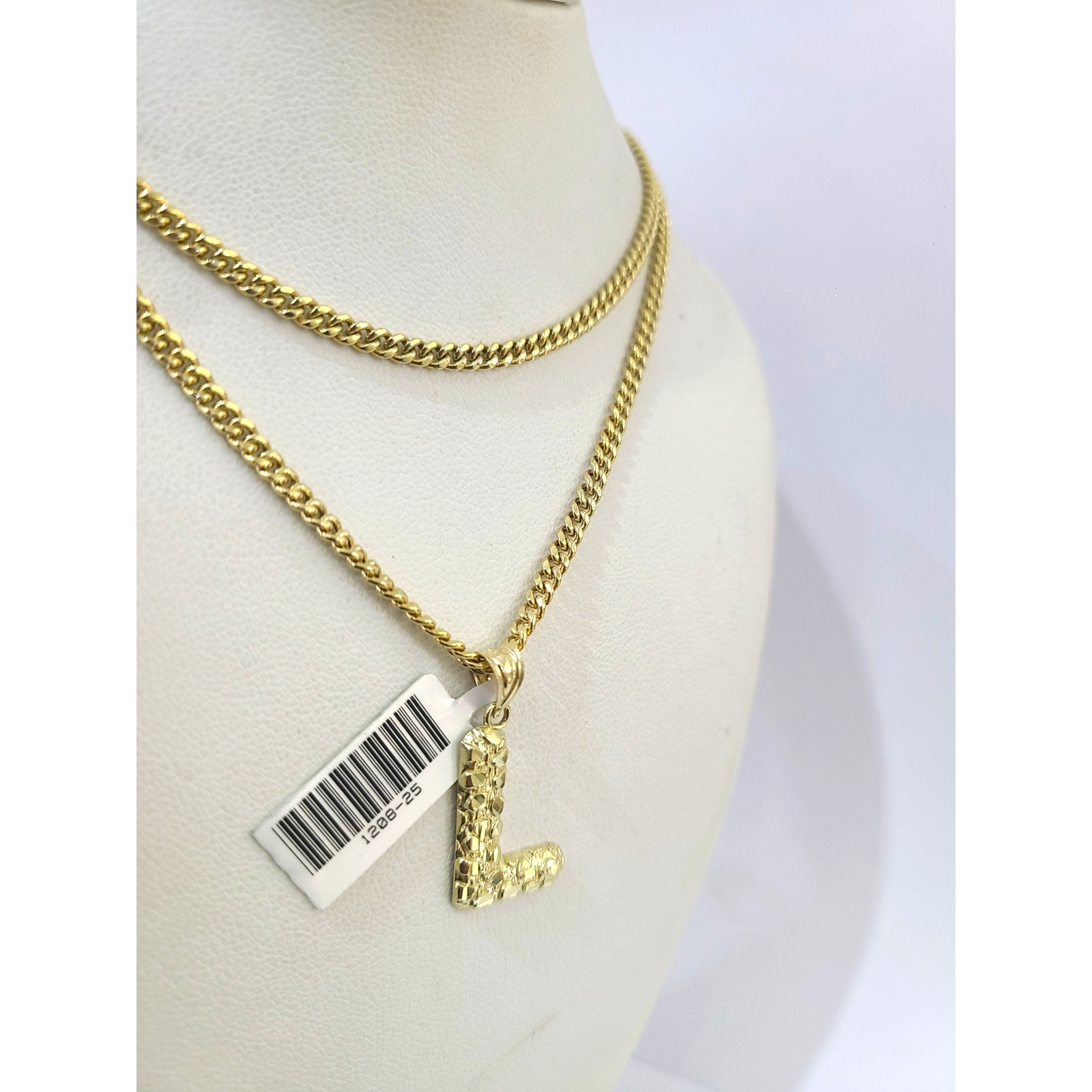 Real Gold 10k Chain Pendant SET L Initial Charm Miami Cuban Link Necklace 2.5mm