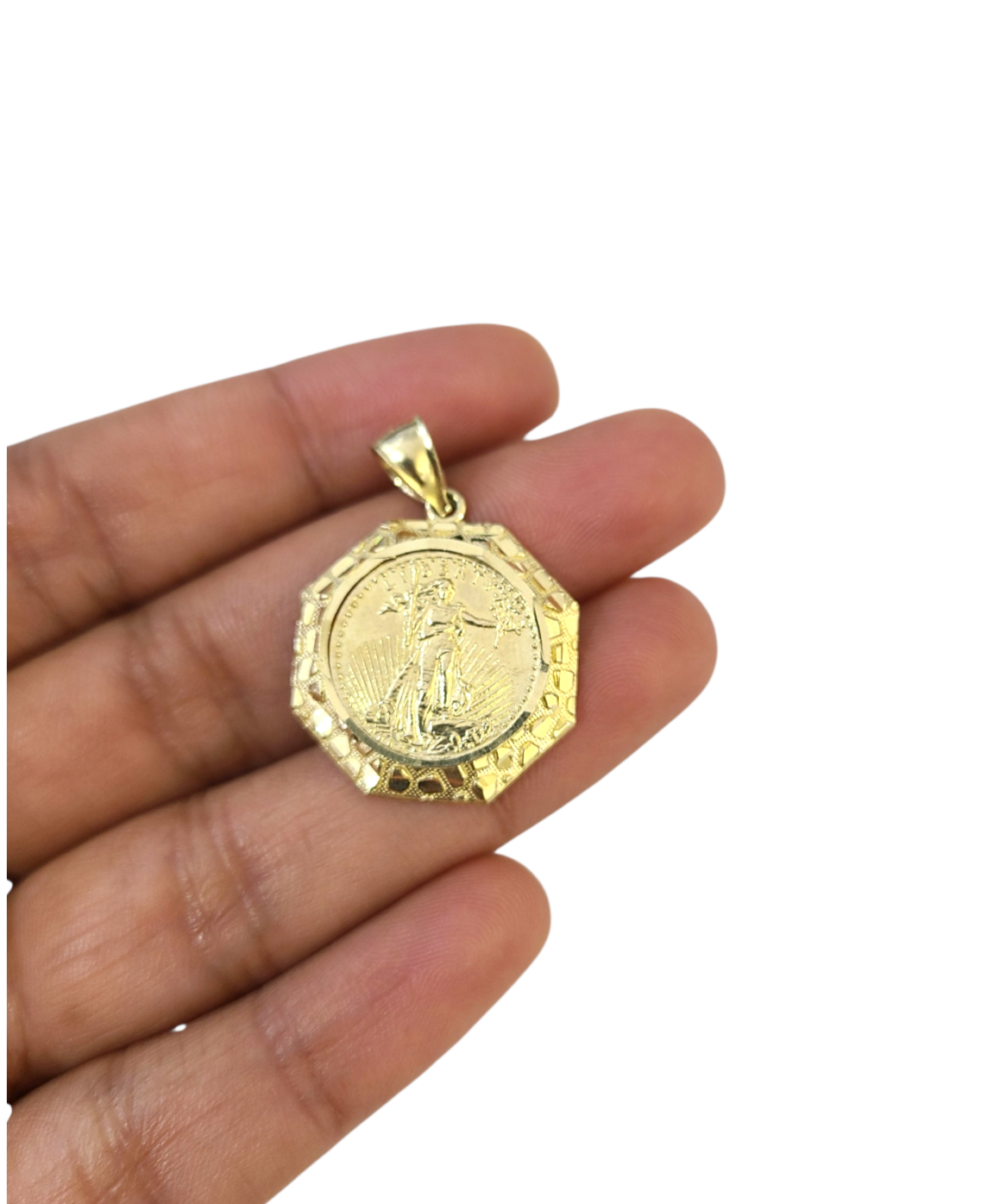 Real 10K Nugget Saint Liberty Medallion Pendant Charm Yellow Gold Genuine 10kt