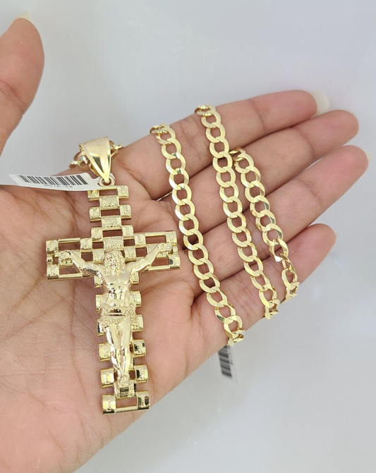 10k Gold Solid Cuban Curb Chain Necklace Jesus Cross Pendant Set 6mm 20"-30"