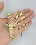 10k Gold Solid Cuban Curb Chain Necklace Jesus Cross Pendant Set 6mm 20"-30"