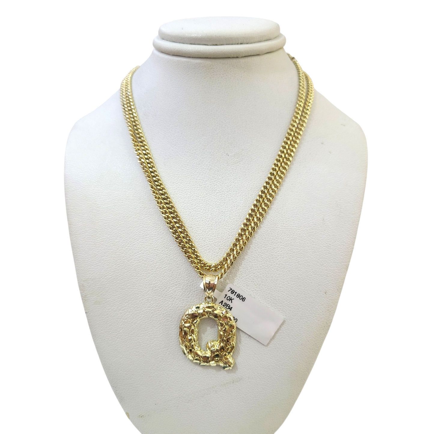 Real Gold 10k Chain Miami Cuban Link 2.5mm Q Initial Charm Necklace Pendant SET