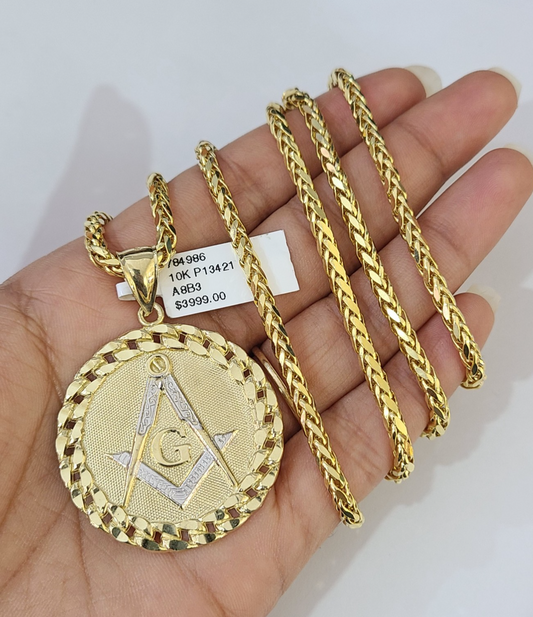REAL 10k Yellow Gold Palm Chain Masonic Pendant Charm 3mm SET Necklace