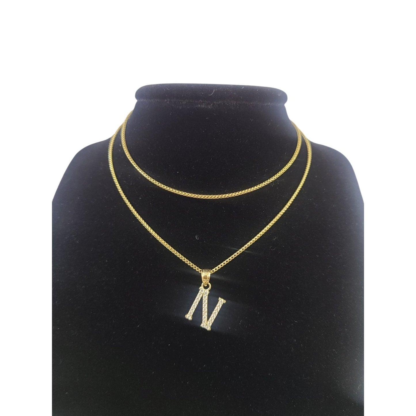 10K Gold Solid Franco Chain N Initial CZ Stone Pendant Set 1mm 16 18 20 22 Women