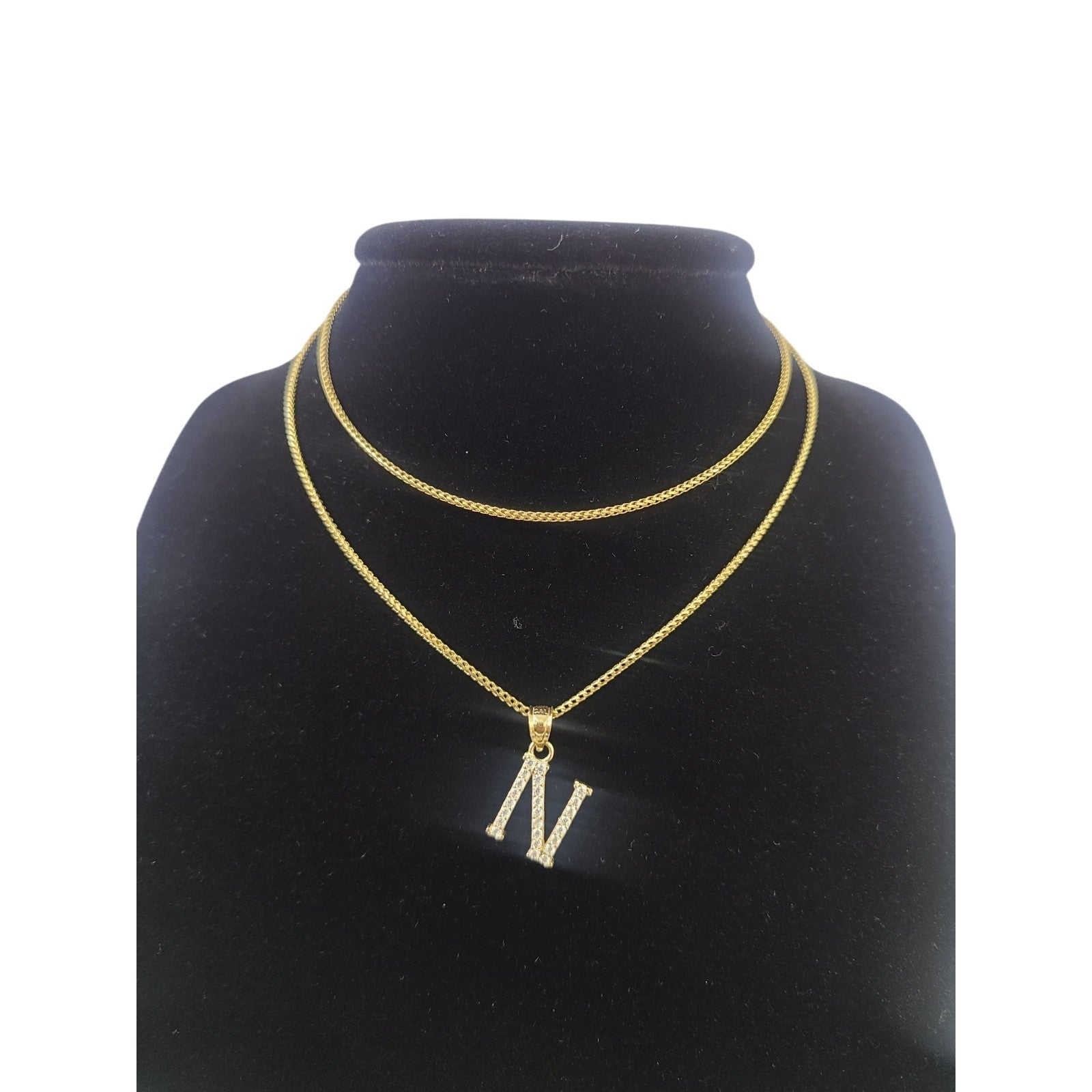 10K Gold Solid Franco Chain N Initial CZ Stone Pendant Set 1mm 16 18 20 22 Women