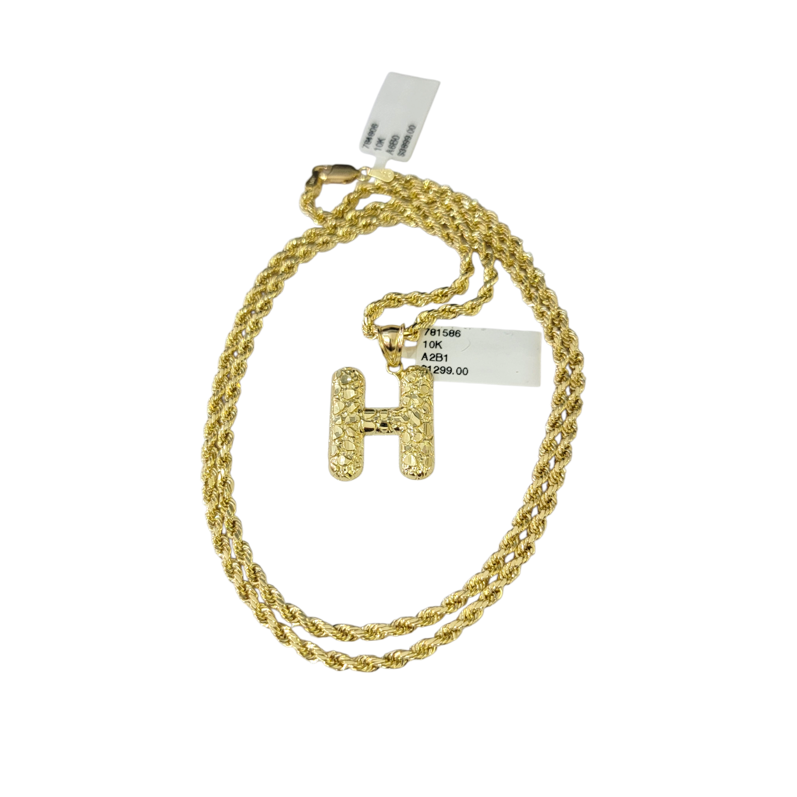 Real 10k Rope Chain 3mm 18"-28" Necklace Nugget H Initial Charm Set Pendant Gold