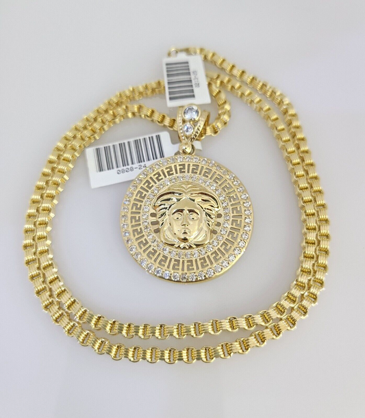 Real 10k Gold Byzantine Necklace Medusa Head Charm SET Chain 20-30" 3mm Pendant
