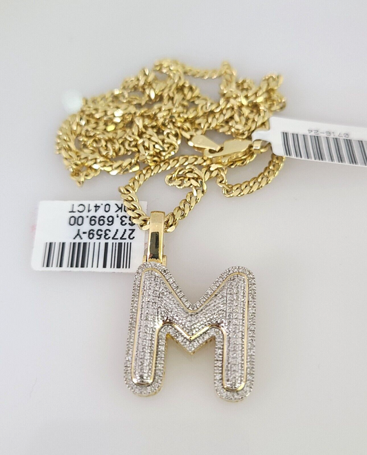 10k Gold Solid Miami Cuban Chain Diamond M Initial Pendant 2.5mm 18"-24" Set