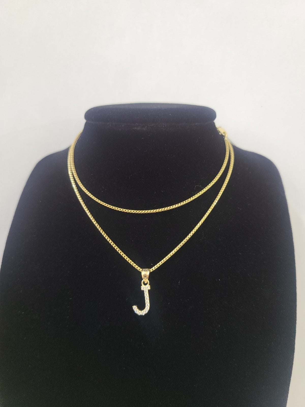 10K Gold Solid Franco Chain J Initial CZ Stone Pendant Set 1mm 16 18 20 22 Women