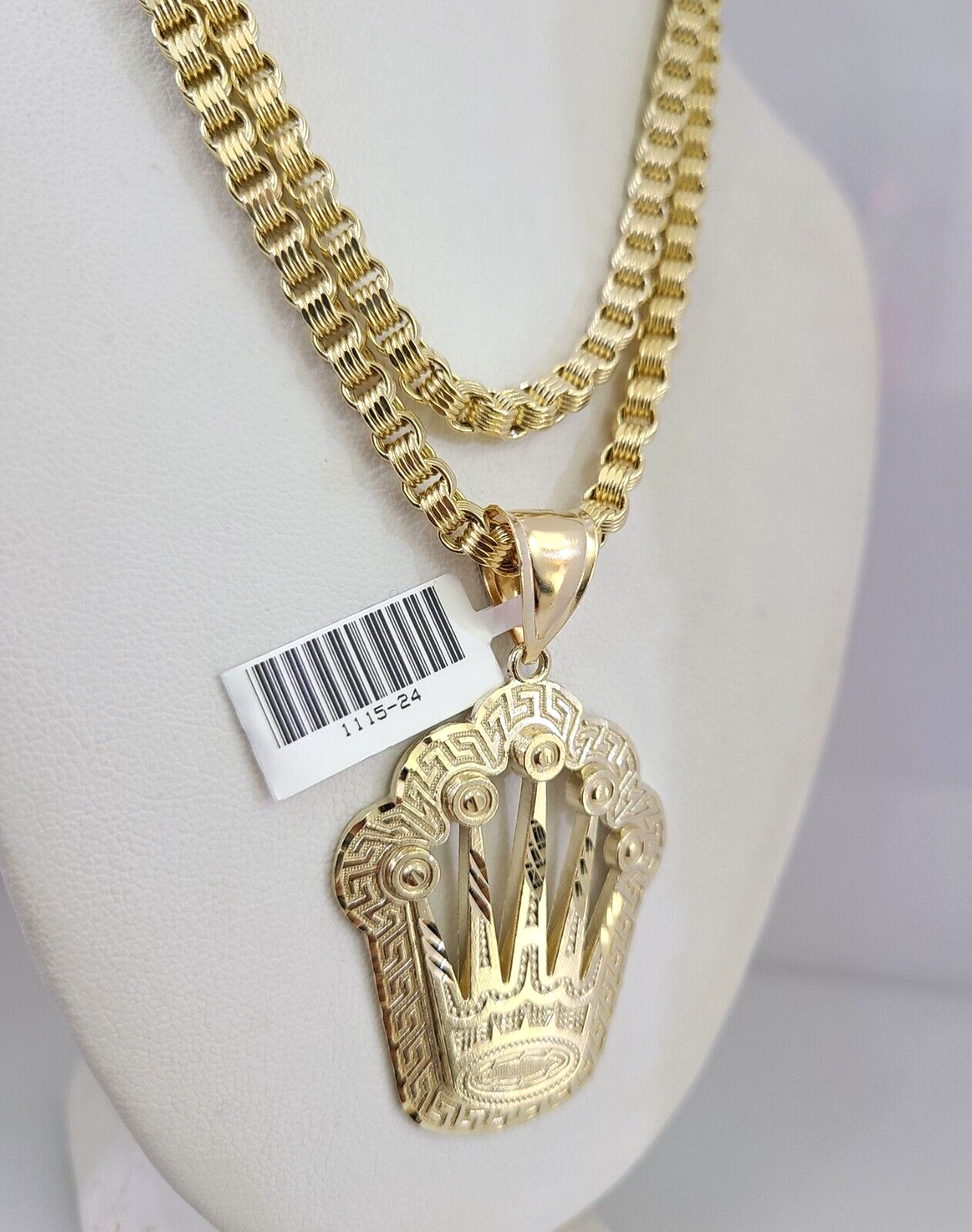 Real 10k Gold Byzantine Necklace Crown Charm SET Chain 20"-30" 4mm