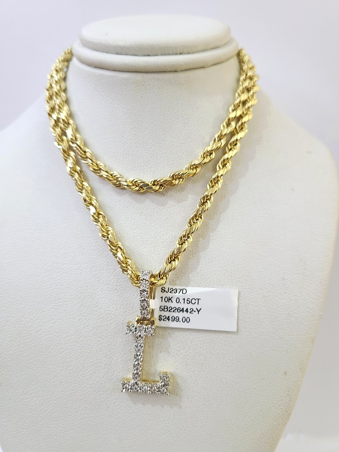 10k Rope Chain L Diamond Initial Charm Necklace Pendant Set 4mm 20"-30" Gold